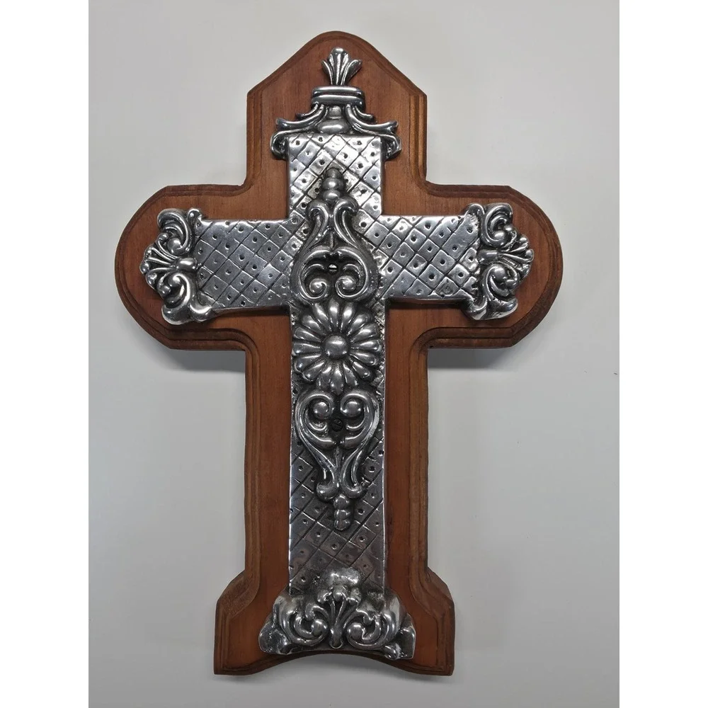 Beautiful Vintage Wood Cross With Silver Cross Overlay Wall Hanging, Stunning